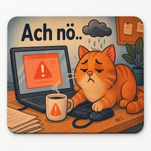 Könnte beinhalten: Ein rechteckiges Mauspad mit einem traurig aussehenden orangefarbenen getigerten Kater neben einem Laptop, der ein rotes Warnsymbol anzeigt. Der Text "Ach nö.." steht über der Katze, ergänzt durch eine Regenwolke und eine Tasse mit Warnsymbol.
