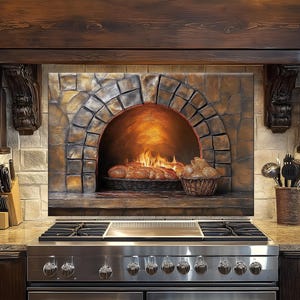 Rustic Brick Oven Tempered Glass Kitchen Backsplash