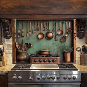 Rustic Tree Tempered Glass Oven Backsplash: Vintage Kitchen Decor