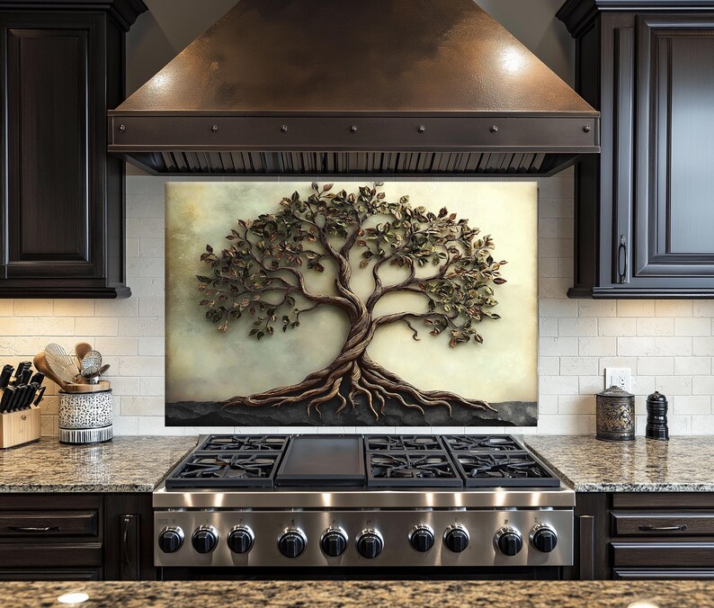 Tree of Life Tempered Glass Kitchen Backsplash: Rustic Vintage Decor - Etsy