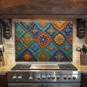 Moroccan Zelige Tempered Glass Backsplash for Kitchen, Mosaic Tiles Look Backsplash for Kitchen, Rustic Kitchen Backsplash, Stove Backsplash