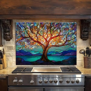 Tree of Life Tempered Glass Kitchen Backsplash - Rustic Vintage Decor