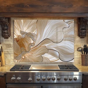 May include: A rectangular kitchen backsplash panel featuring an abstract design of flowing, layered cream and beige petals with thin, dark brown outlines. The artwork is positioned behind a stainless steel gas stove with multiple knobs.