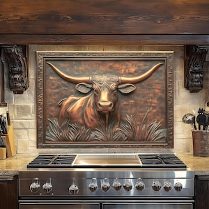 Texas Longhorn Cow Tempered Glass Backsplash: Rustic Copper Kitchen Panel