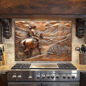 Copper Cowboy Tempered Glass Backsplash: Rustic Western Kitchen Decor