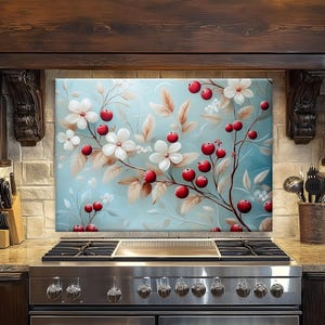 Cranberry Flower Tempered Glass Kitchen Backsplash: Stove Panel Wall Art