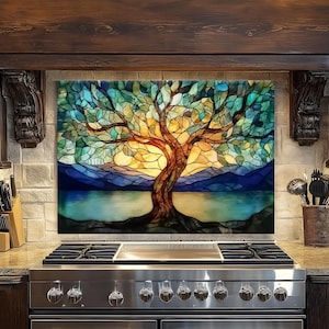 Tempered Glass Tree of Life Stained Glass Look Backsplash Panel for Kitchen – Life of Tree Sink Splashback - Heat Resistant Stove Wall Cover