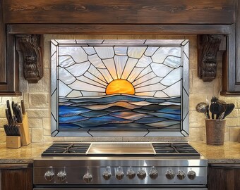Stained Look Tempered Glass Backsplash Sunset Ocean Kitchen Decor Heat Resistant Panel