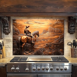 Copper Cowboy Tempered Glass Backsplash: Rustic Western Kitchen Decor