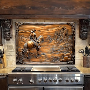 Copper Cowboy Tempered Glass Kitchen Backsplash: Rustic Western Decor