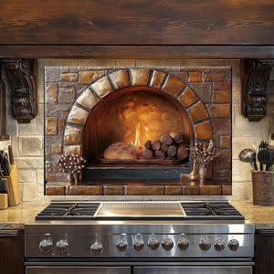 Rustic Brick Oven Tempered Glass Backsplash: Tree of Life Kitchen Decor