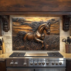 Rustic Horse Tempered Glass Kitchen Backsplash: Copper Look