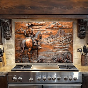 Copper Cowboy Tempered Glass Backsplash: Rustic Western Kitchen Decor
