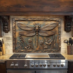 Copper Dragonfly Tempered Glass Kitchen Backsplash: Rustic Stove Decor