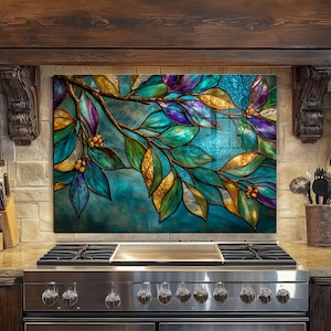 Tempered Glass Backsplash for Kitchen Teal Gold Leaf Floral Heat Resistant Splashback Tile