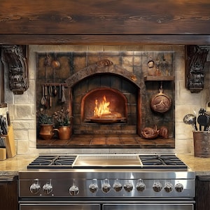 Rustic Brick Oven Tempered Glass Kitchen Backsplash