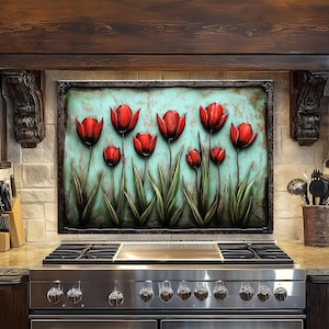 Red Tulips Tempered Glass Kitchen Backsplash: Floral Stove Decor