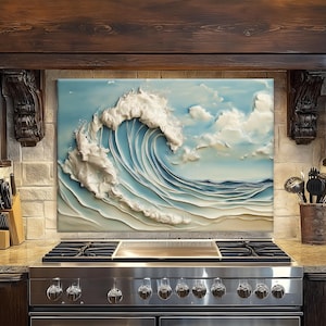 May include: A ceramic tile backsplash with a 3D wave design. The wave is blue and white with a textured surface. The backsplash is installed above a stainless steel stove with a black countertop.
