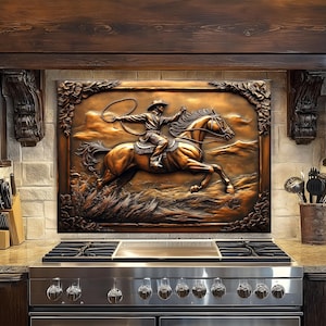 Copper Cowboy Horse Tempered Glass Kitchen Backsplash: Rustic Western Decor