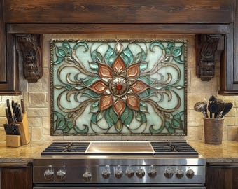 Tempered Glass Kitchen Backsplash Stained Glass Floral Art Wall Decor Heat Resistant Panel