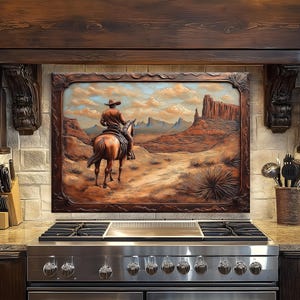 Copper Cowboy Tempered Glass Backsplash: Rustic Western Kitchen Decor