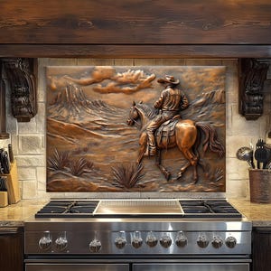 Copper Effect Cowboy Tempered Glass Kitchen Backsplash: Rustic Western Decor