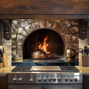 Rustic Brick Oven Tempered Glass Kitchen Backsplash