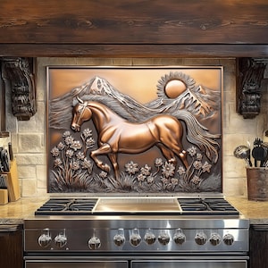 Copper Effect Horse Tempered Glass Kitchen Backsplash: Rustic Western Decor