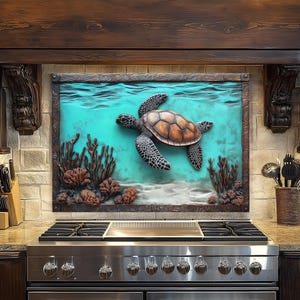 May include: A decorative kitchen backsplash featuring a 3D relief of a sea turtle swimming in turquoise water. The turtle has a brown and tan shell with black and white flippers. Coral and seaweed are also depicted.
