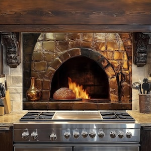 Rustic Brick Oven Tempered Glass Kitchen Backsplash