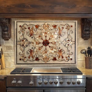 May include: A decorative kitchen backsplash with a floral design. The backsplash is made of white marble with inlaid accents in shades of gold, brown, and red. The design is centered above a stainless steel gas range.