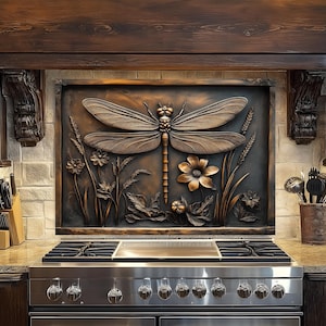 Copper Dragonfly Tempered Glass Kitchen Backsplash: Rustic Stove Decor
