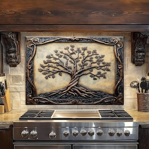 Kitchen Backsplash with Tree of Life Design, Tempered Glass Panel for Behind Stove, Artistic Spiritual Wall Art Splashback