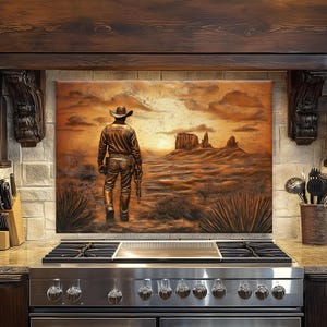 Lone Cowboy Tempered Glass Kitchen Backsplash: Rustic Western Decor