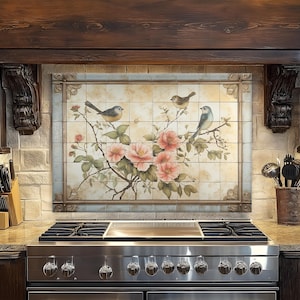 May include: A decorative kitchen backsplash featuring a floral and bird design. The artwork depicts three birds perched on branches with pink flowers. The backsplash is framed and installed above a stainless steel gas range.