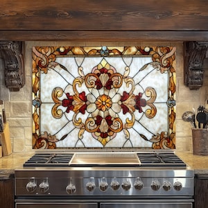 May include: A decorative stained glass backsplash with a floral design in shades of red, orange, yellow, and white. The glass is framed by a dark brown wooden structure, above a stainless steel gas range. The kitchen features a stone tile wall.