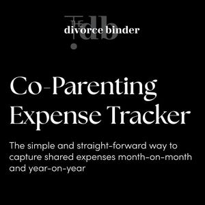 Peut inclure: Fond noir avec texte blanc. Le texte indique "The divorce binder" en haut, suivi de "Co-Parenting Expense Tracker". En dessous, il est écrit "The simple and straight-forward way to capture shared expenses month-on-month and year-on-year."