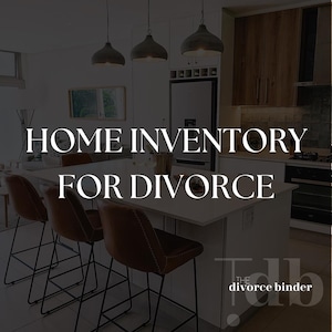 May include: A white kitchen island with three brown leather bar stools. The text "HOME INVENTORY FOR DIVORCE" is displayed on the island. The text "THE divorce binder" is displayed in the lower right corner of the image.