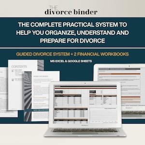 Könnte beinhalten: The Divorce Binder, ein vollständiges praktisches System zur Organisation, zum Verständnis und zur Vorbereitung auf eine Scheidung, inklusive eines geführten Scheidungssystems, zwei Finanzarbeitsbüchern und Dateien für MS Excel und Google Sheets.