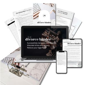May include: A white binder with a marble design and the text "THE divorce binder" on the cover. The binder is open and contains several documents, including a parenting plan checklist, a document titled "Your first meeting with your Attorney", and a document titled "How to use the divorce binder". A laptop computer is open to a webpage with the text "THE divorce binder" and a graphic of a scale of justice. A smartphone is displaying a document titled "Parenting Plan Checklist".