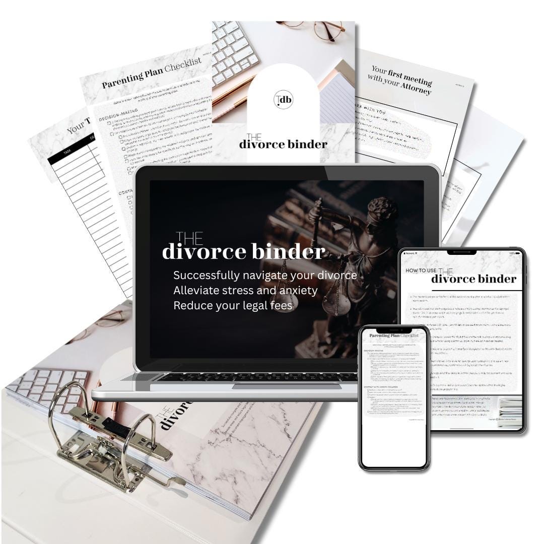 Divorce planner & preparation system. Document and Parenting Plan checklists, Finance tracking spreadsheets, Working with your Attorney.