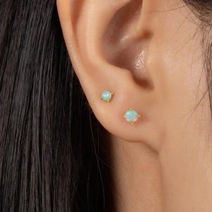 Gold Opal Stud Earring in Sterling Silver, 2mm or 3mm, Dainty Gold Studs for Earlobe, Cartilage, Helix Piercing, Minimalist Circle Dot Studs