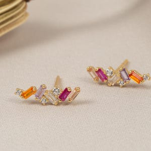 Sterling Silver Geometric Stud Earrings | Rainbow Baguette CZ  Cluster Studs | Tiny Bar Stud | Gold/Silver Minimalist Jewelry Gift for Women