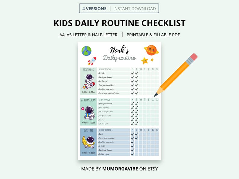 Customizable Kids Routine, Responsibilities, Chore Chart, Kids Daily ...