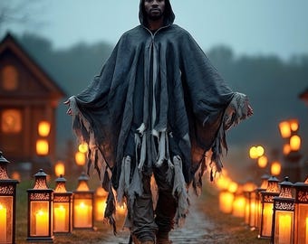 Adult Ghost Halloween Costume, Hooded Dark Spirit Cape Cloak, Spooky Masquerade Fantasy Cosplay Outfit, Horror Vampire Zombie Poncho Hood