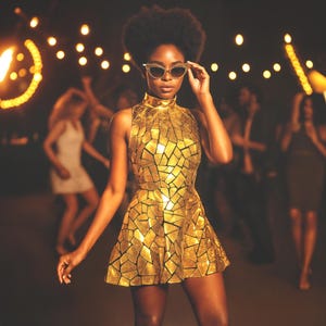 Mirrored Gold Party Dress, 1970s Disco Mini Dress of Sparkle Mirror Sequin, 80s Style Women Cosplay Outfit, Metallic Short Dance Ball Gown