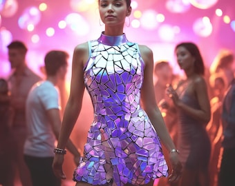Short Silver Mirror Dress for Rave, Halloween, New Year Party, Burning Man Festival. Futuristic Women Mirrored Sparkle Sequin Cosplay Outfit