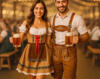 Bavarian Oktoberfest Cosplay Outfit, Adult Matching Halloween Costume, Women German Dirndl Short Dress & Men Festival Leiderhhosen Trousers