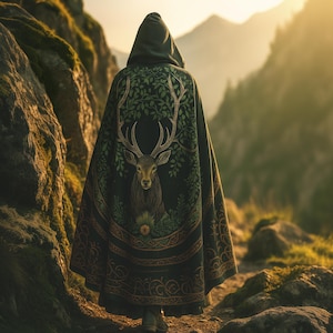 Medieval Cape Cloak with Celtic Design for Fantasy Cosplay or Halloween Costume - Wizard, Forest Druid, Elven Vampire, Goth Witch, Sorcerer
