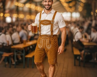 Bavarian Men Leiderhhosen Suspenders Pants, Oktoberfest Festival Cosplay Outfit, Traditional German Trachten Trousers, Halloween Costume